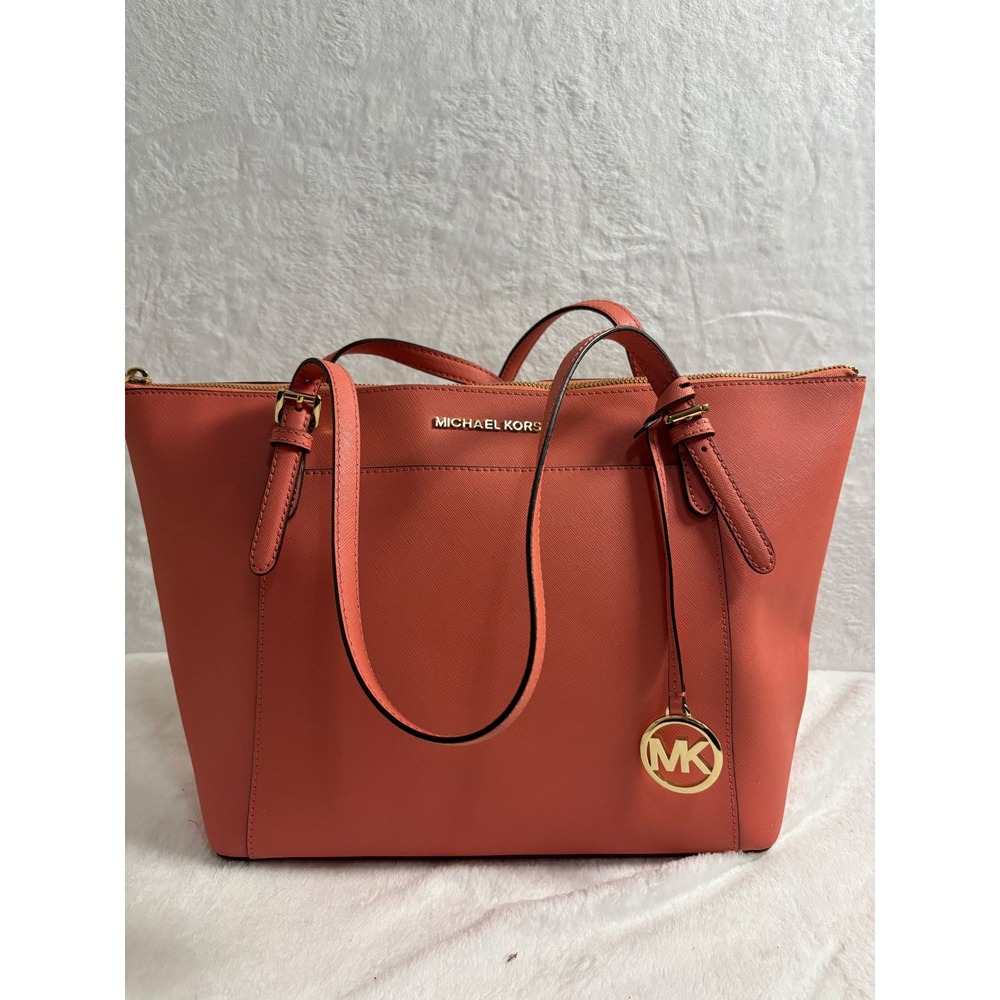 Michael Kors Charlotte Large Top Zip Tote Coral Pink Saffiano Leather Gold Tone